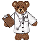 Teddy bear doctor wearing a white coat and stethoscope, holding a clipboard.