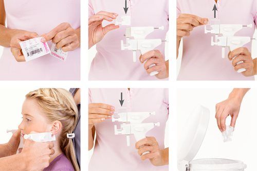 Steps for ear piercing: open package, load gun, mark ear, pierce ear, discard waste.