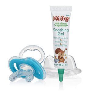 Teething ring and tube of Nuby Soothing Gel. White gel tube, blue ring, clear base.