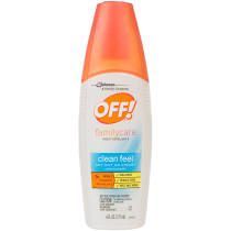 OFF! FamilyCare mosquito repellent bottle with orange cap and blue label.