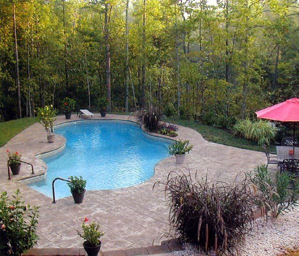 A large swimming pool surrounded by trees and a red umbrella
