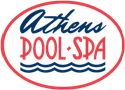 A logo for Athens Pool Spa with waves in the background.