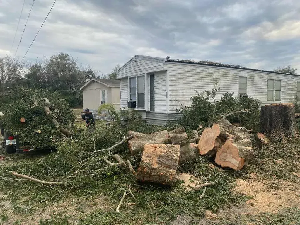 Storm damage in a yard: fallen tree limbs, cut logs, and a damaged white mobile home under cloudy skies