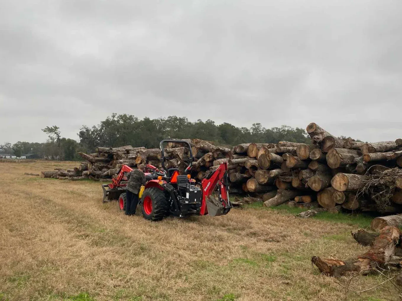 Tractor loaded with logs beside a large woodpile in a grassy field under a cloudy sky
