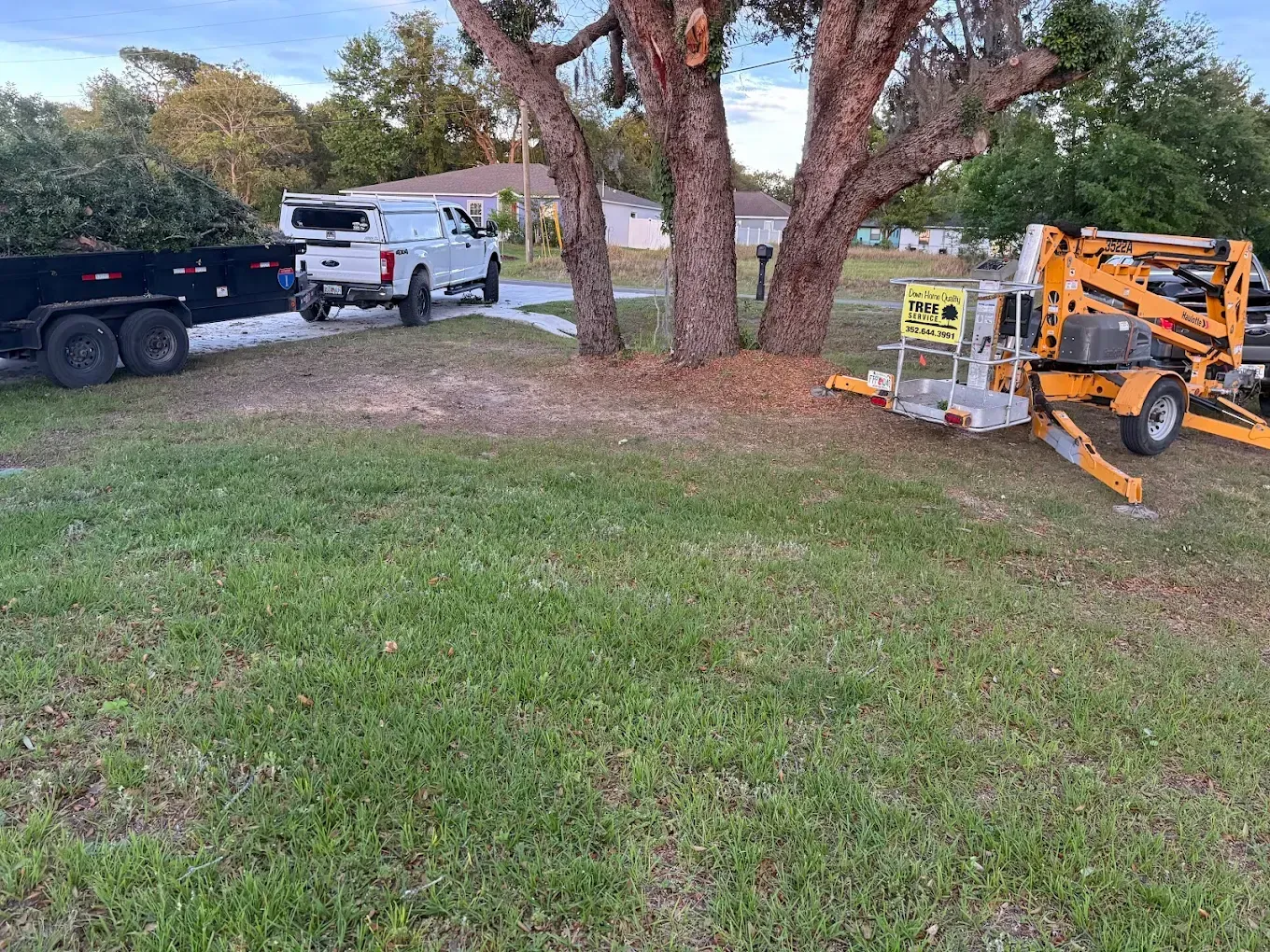 Work trucks and an orange lift parked on a grassy yard near trees