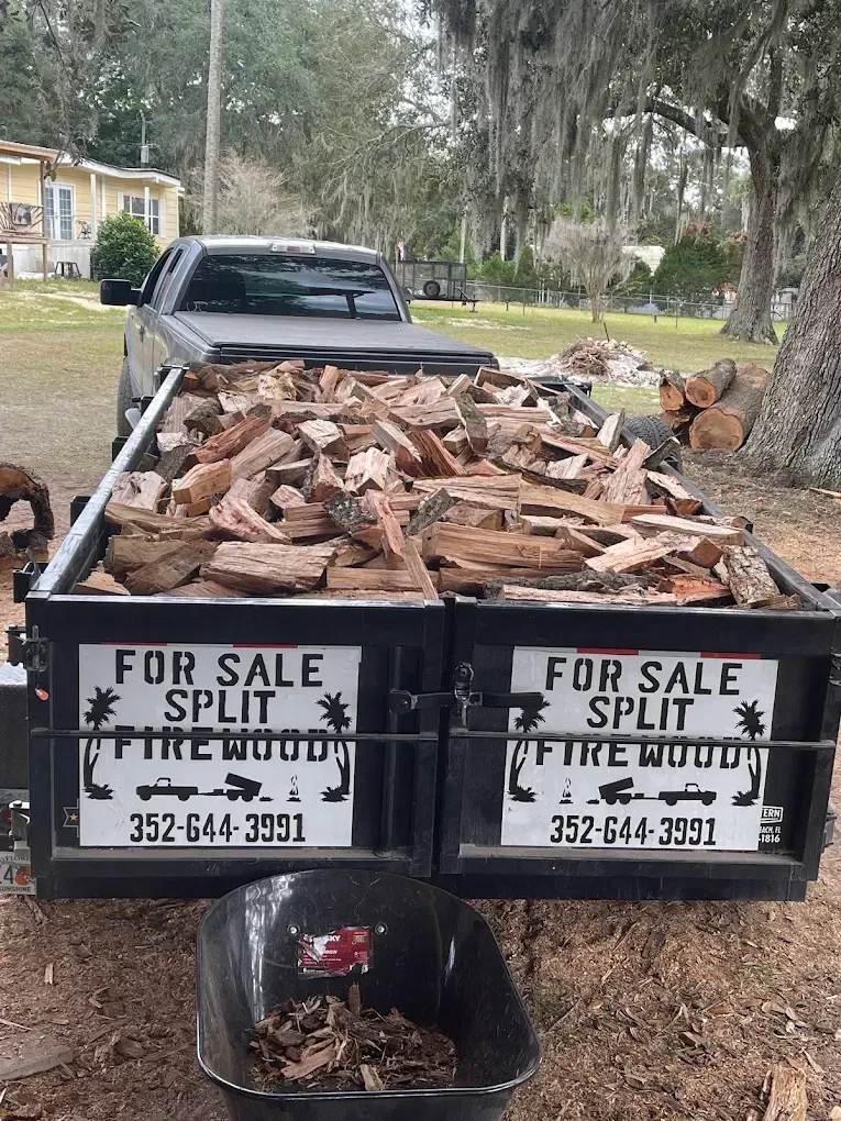 Trailer full of split firewood with “For Sale” signs, parked outdoors by a tree-lined street.