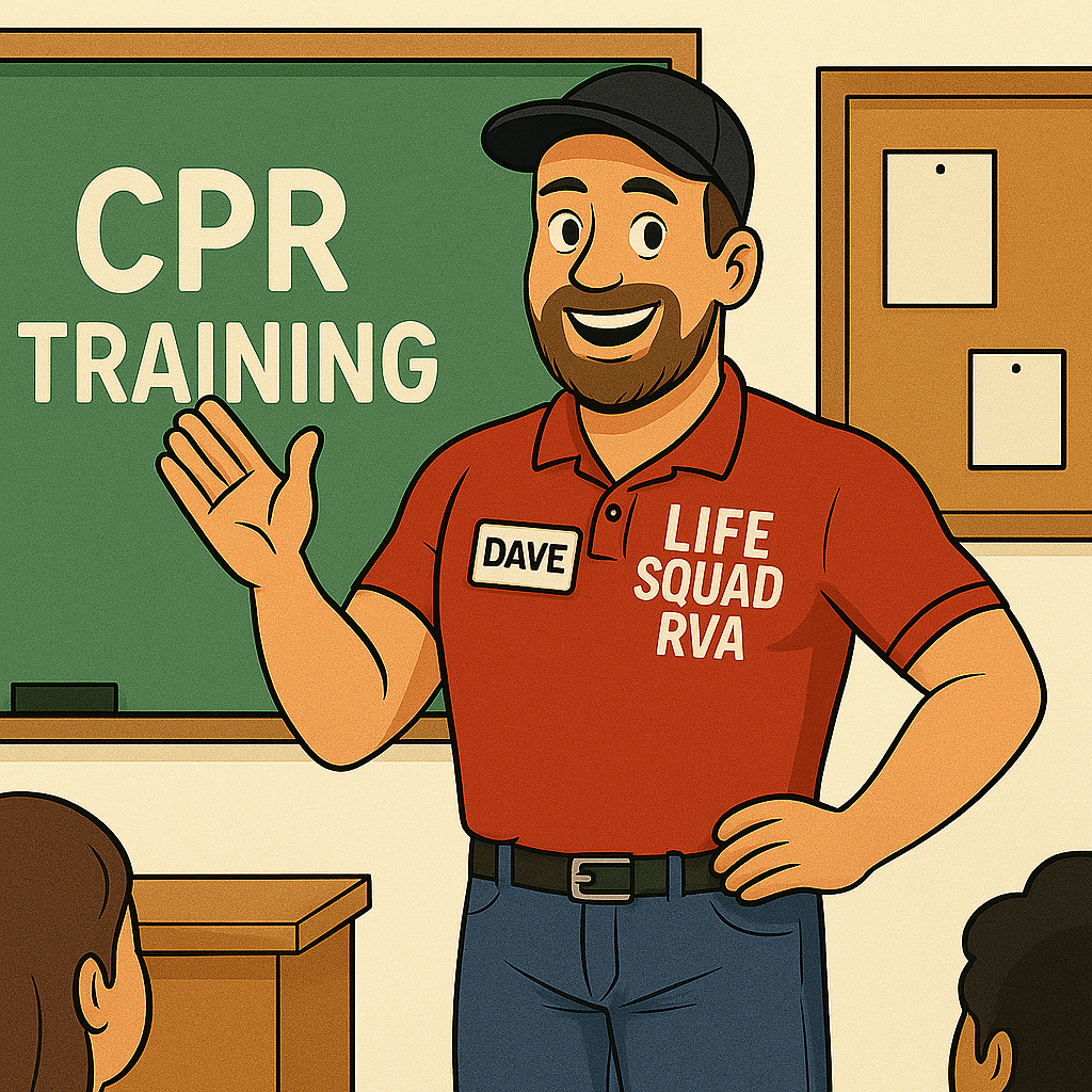 Cartoon of CPR instructor Dave in a red Life Squad RVA polo, in a classroom with a “CPR Training