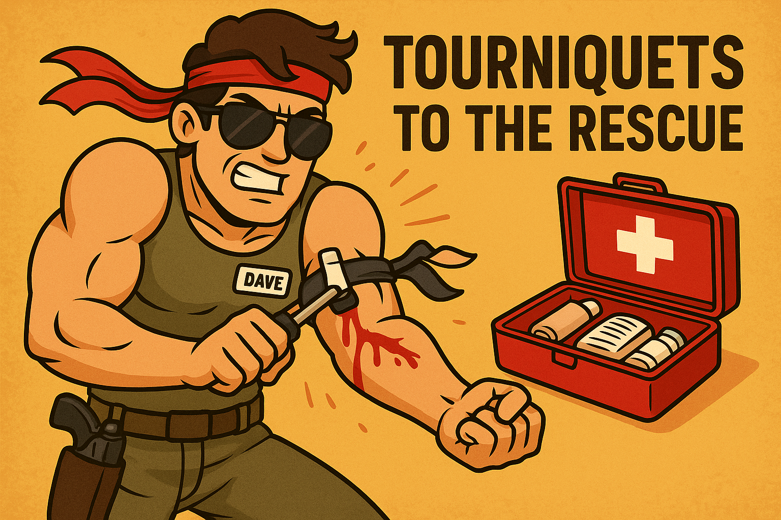 title= Cartoon of Richmond CPR instructor Dave applying a tourniquet, with “Tourniquets to the Rescue” in bold.