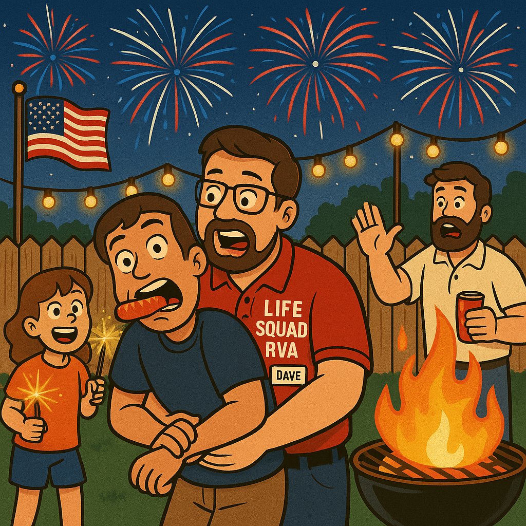 title= Cartoon of a patriotic CPR instructor in red, white, and blue giving compressions at a 4th of July BBQ with fireworks and a first aid kit nearby.