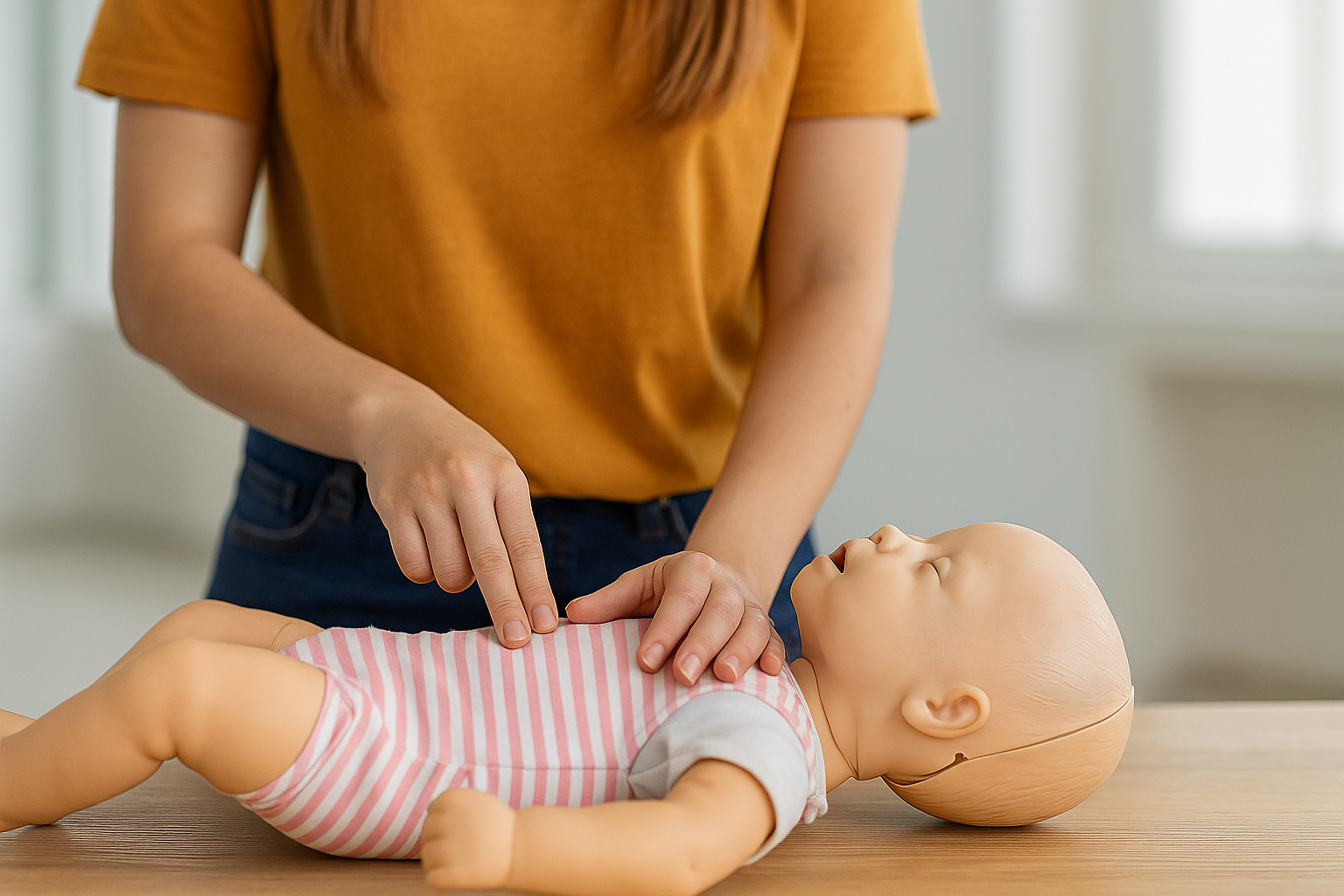 title= Richmond VA pediatric CPR training image showing hands-on infant compressions with baby mannequin and certified instructor.