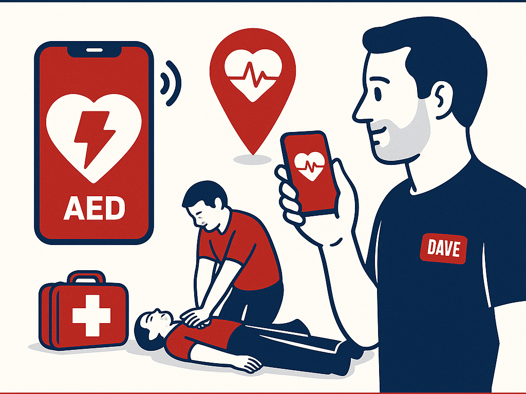 title= Flat graphic of PulsePoint CPR alert app with AED, CPR icons in navy, red, and white, promoting fast emergency response.