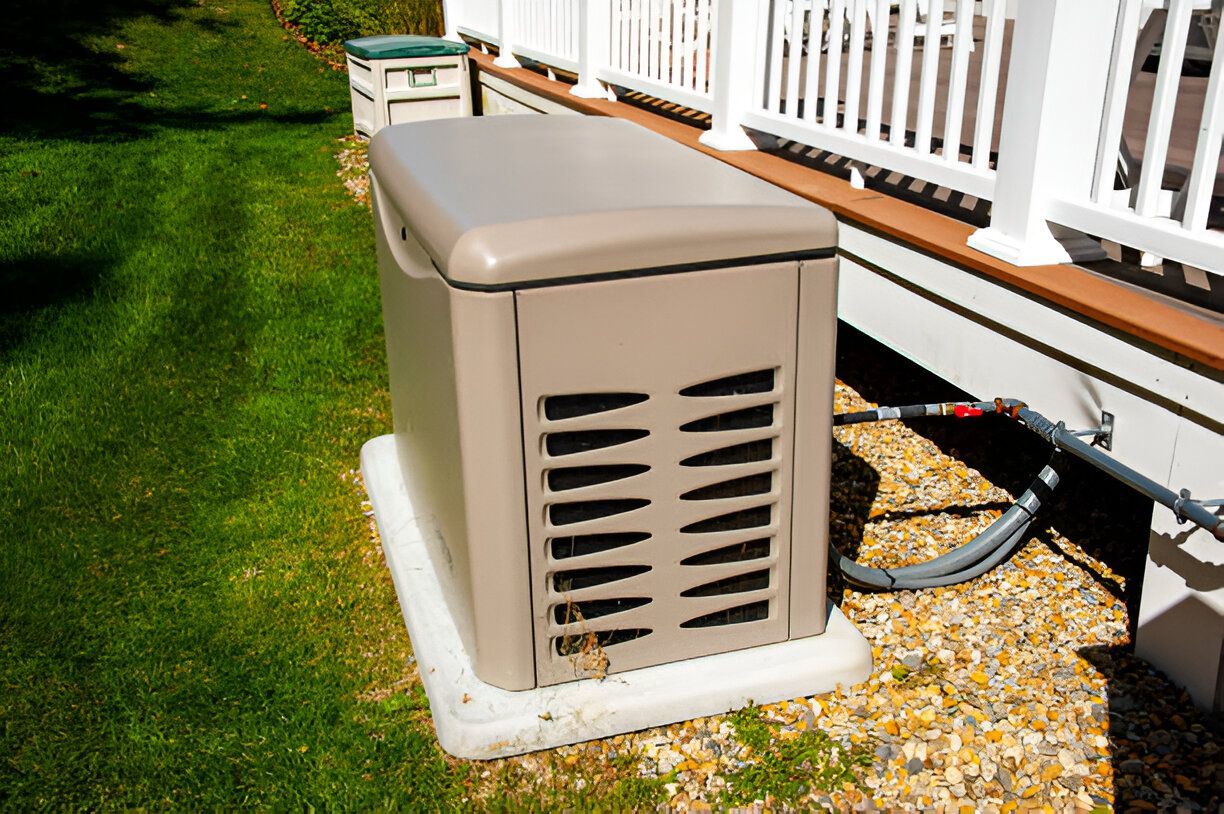 A generator is sitting on the ground in front of a house.