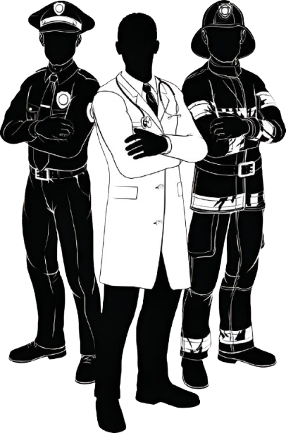 A police officer , a doctor , and a fireman are standing next to each other.