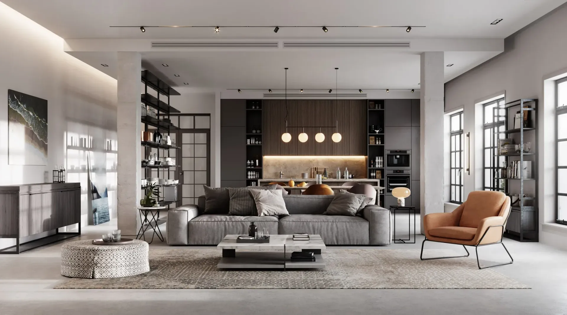 A living room with a couch , chair , coffee table and other furniture.