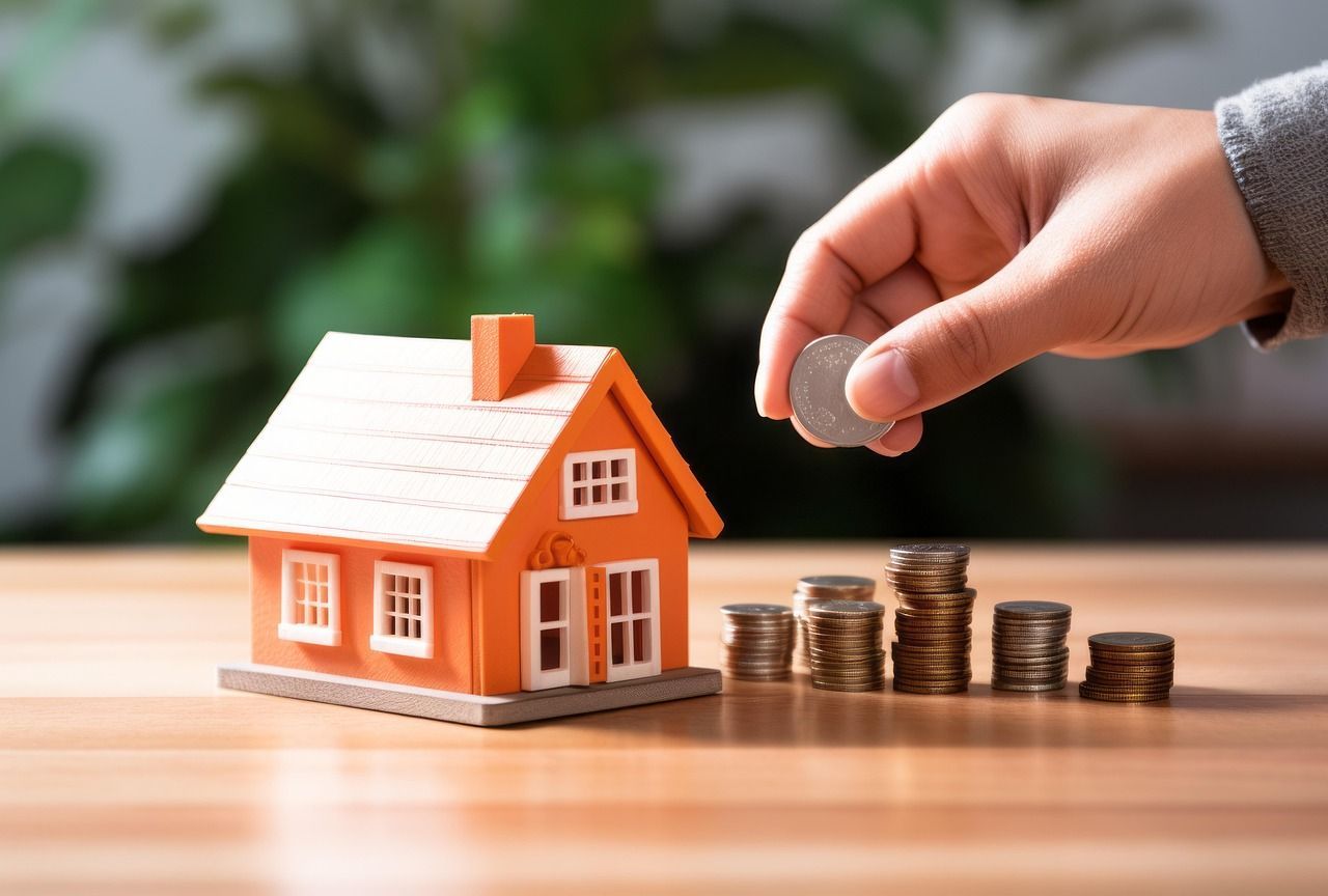 A person is putting a coin in a model house next to stacks of coins.