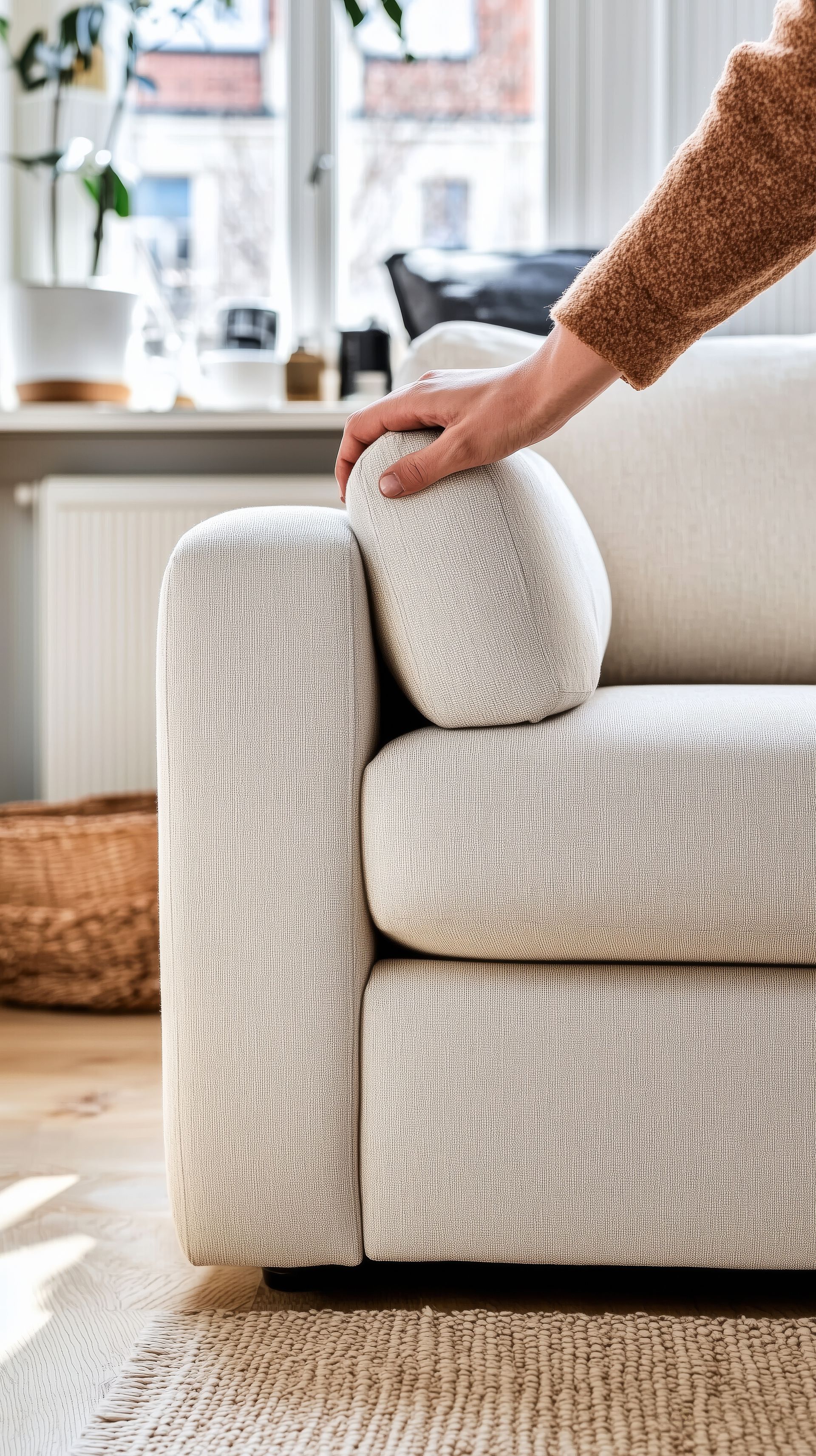 A person is touching the arm of a white couch in a living room.
