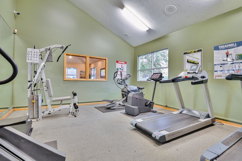 A gym with a treadmill , exercise bike , and other exercise equipment.