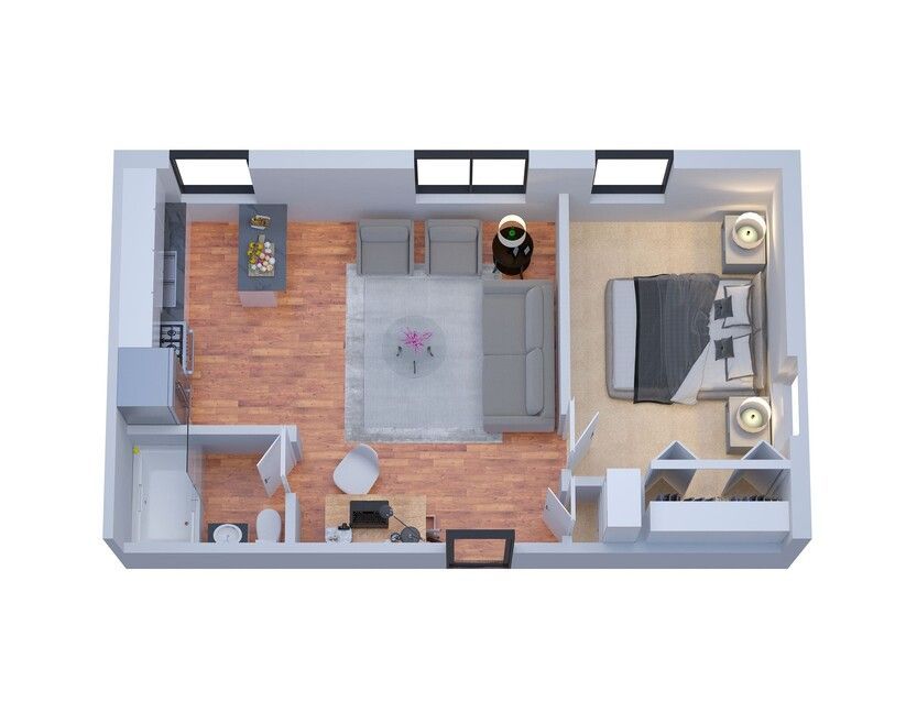 A 3d floor plan of a small apartment with a bedroom , living room , and bathroom.
