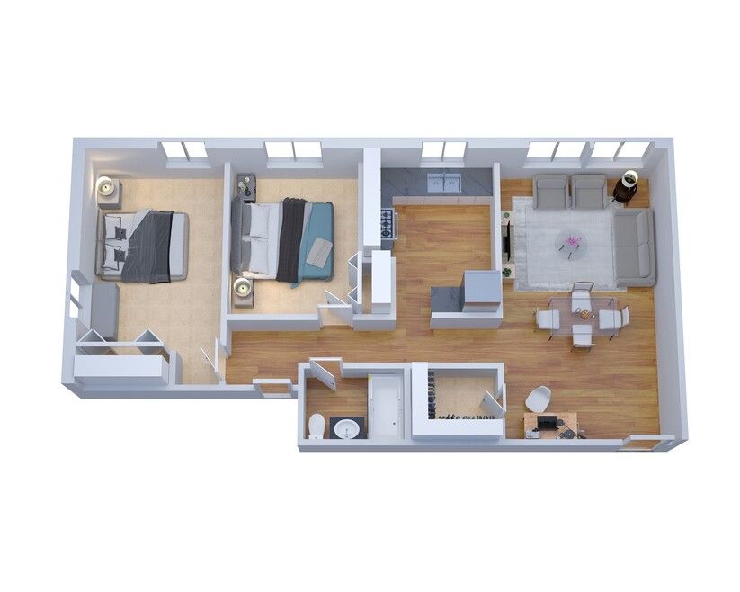 A 3d floor plan of a house with two bedrooms , a living room , and a kitchen.