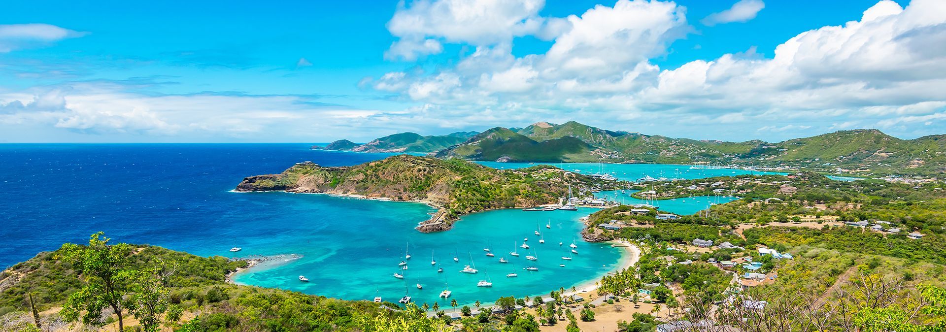 Aerial view of Falmouth Harbour, a bay in Antigua.