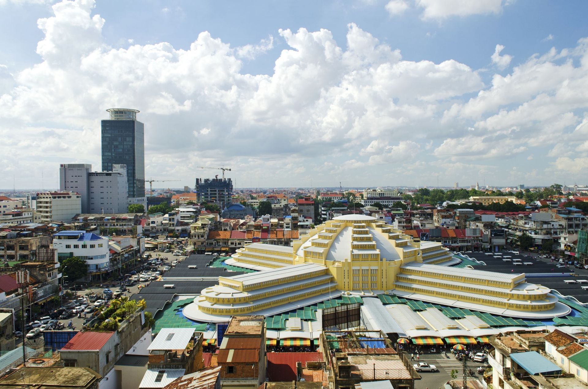 Aerial view of Central Market in Phnom Penh, Cambodia.