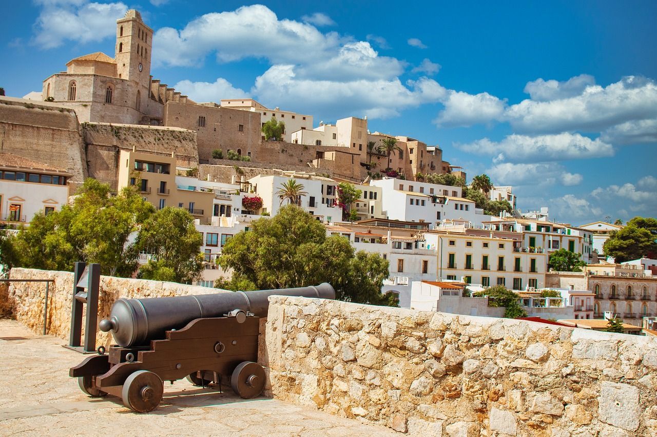 Canon in front of the cathedral of Ibiza town, Spain.
