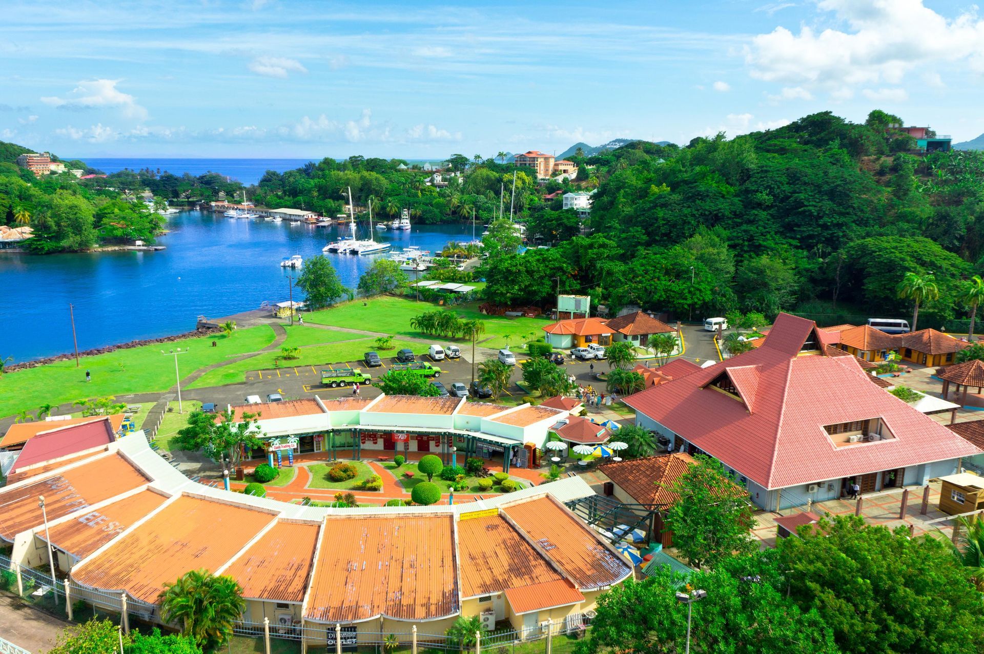 Aerial view of Duty Free Pointe Seraphine Shopping Complex, a shopping mall in Saint Lucia.