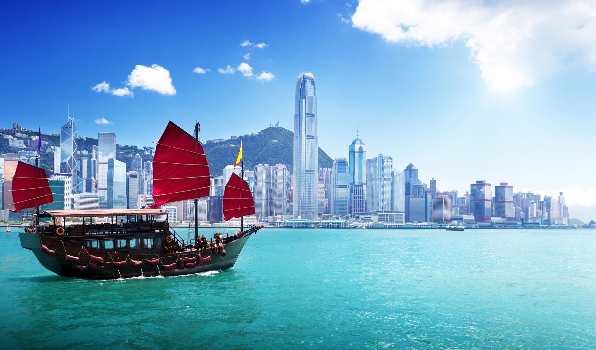 Junk boat in Hong Kong Victoria Harbour.