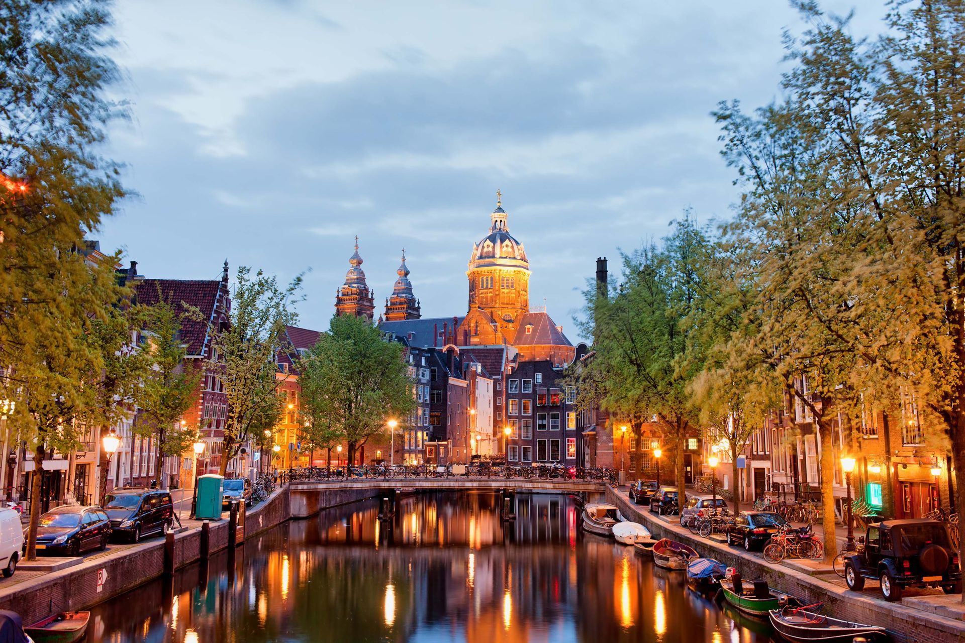 Dusk view of the Canals of Amsterdam.