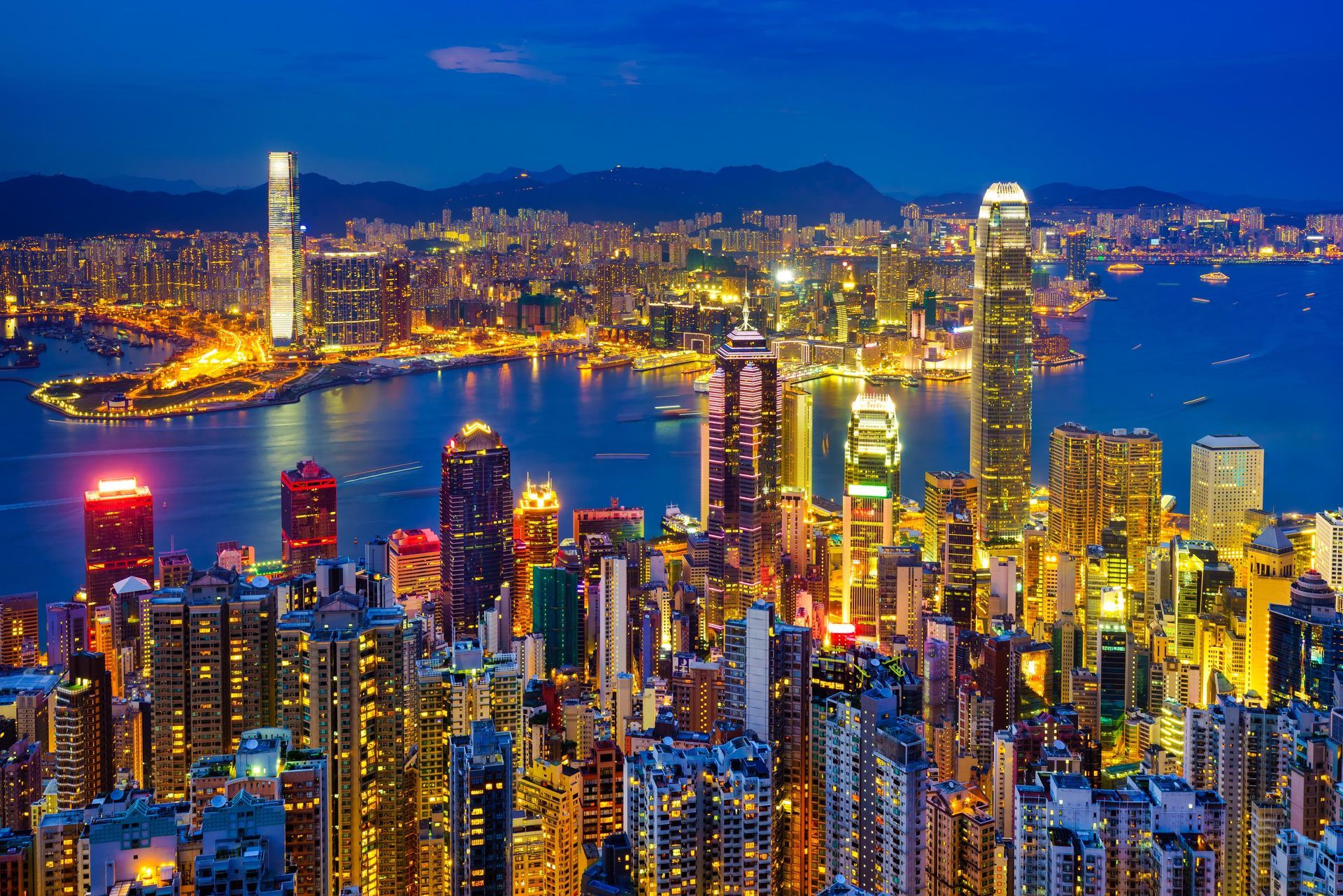 Night view of Victoria Peak in Hong Kong.