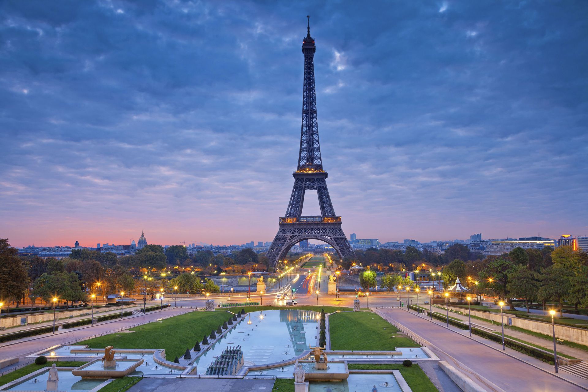 Dusk view of the Eiffel Tower in Paris, France.