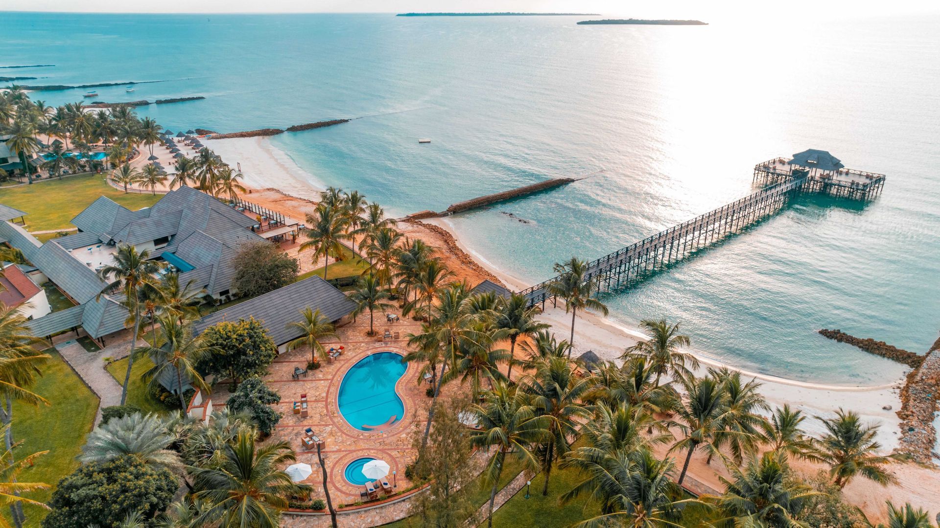 Aerial view of a five-star hotel on the beach side in Dar Es Salaam, Tanzania.