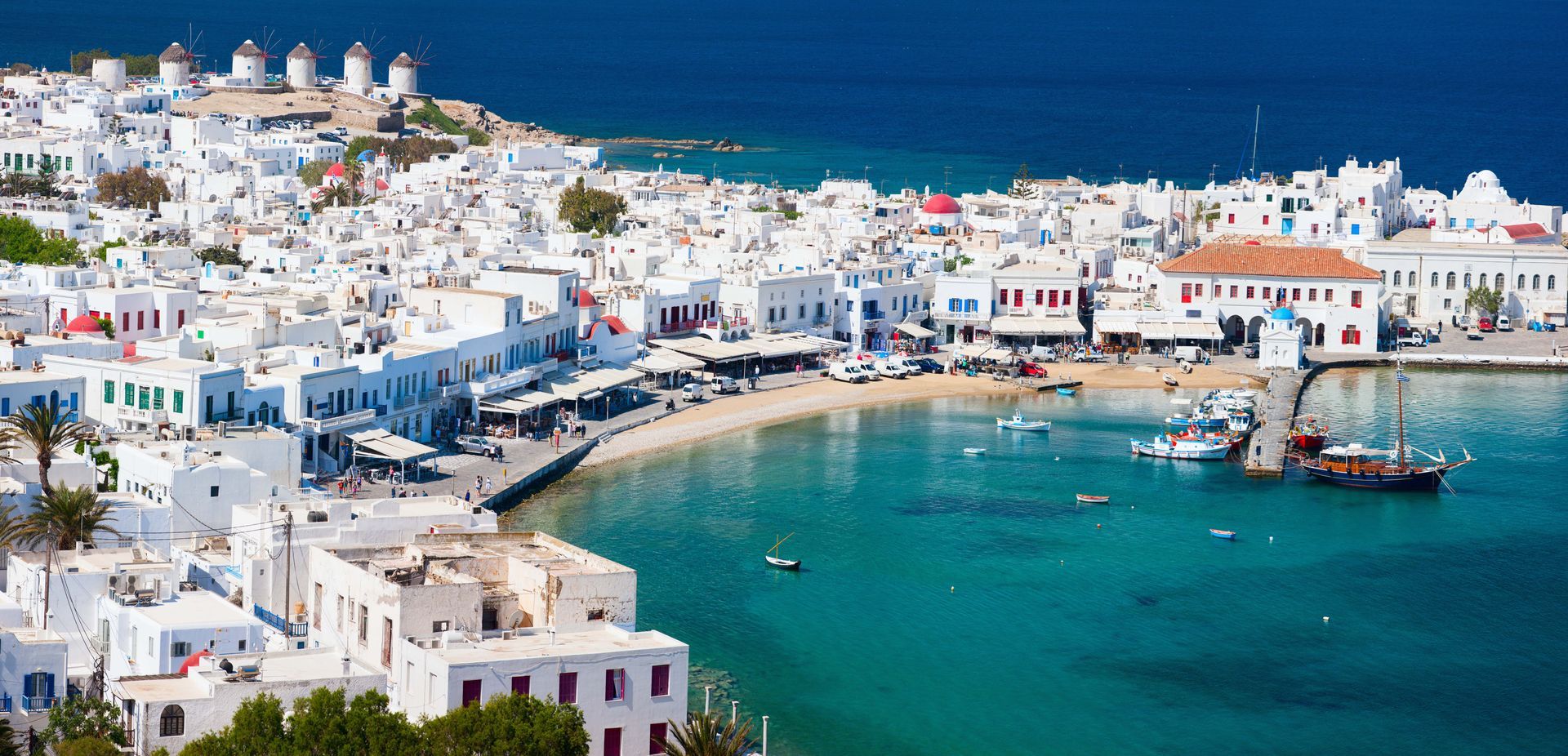 Panoramic view of Mykonos village in Greece.