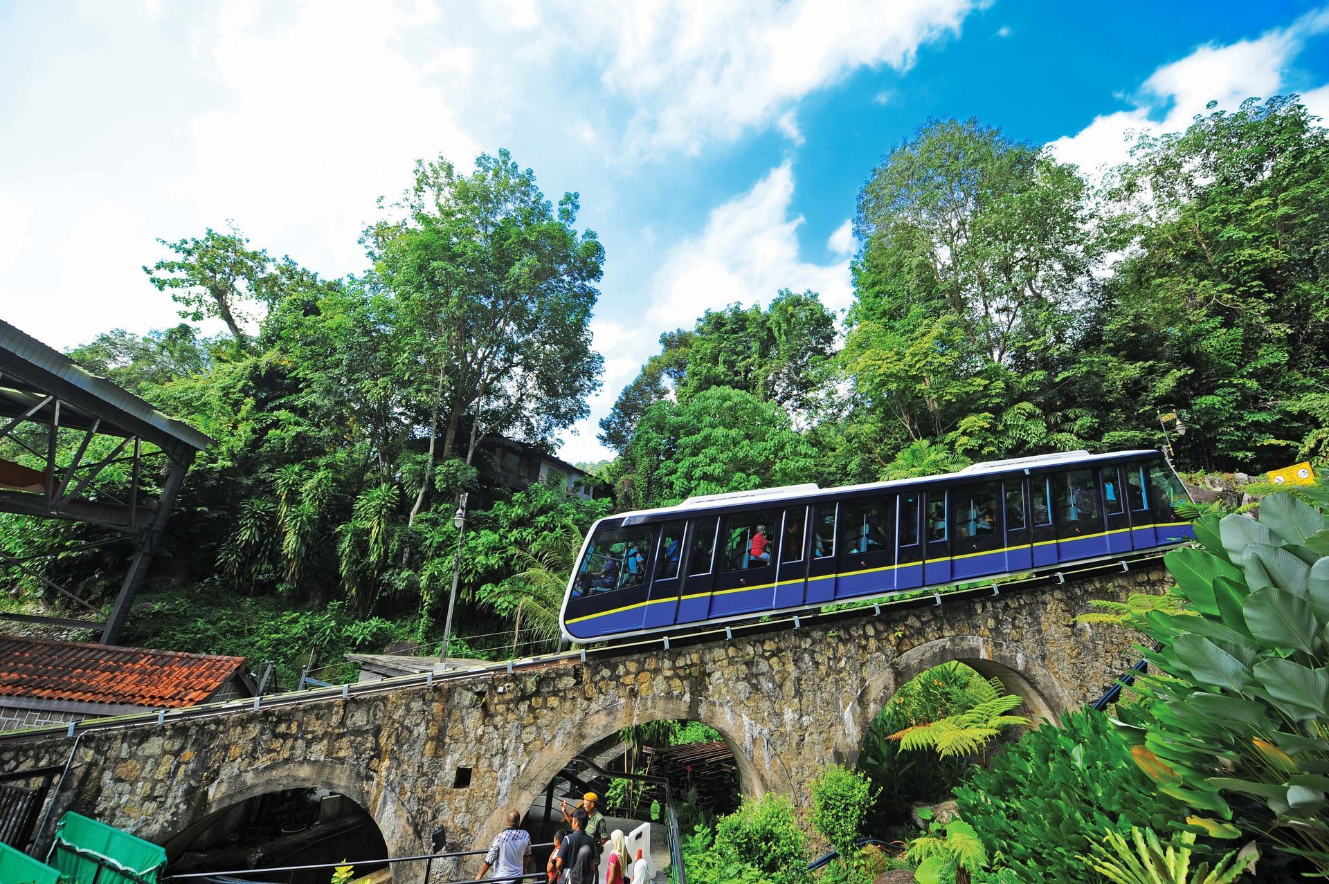 A train coming to a halt at Penang Hill Upper Station in Malaysia.