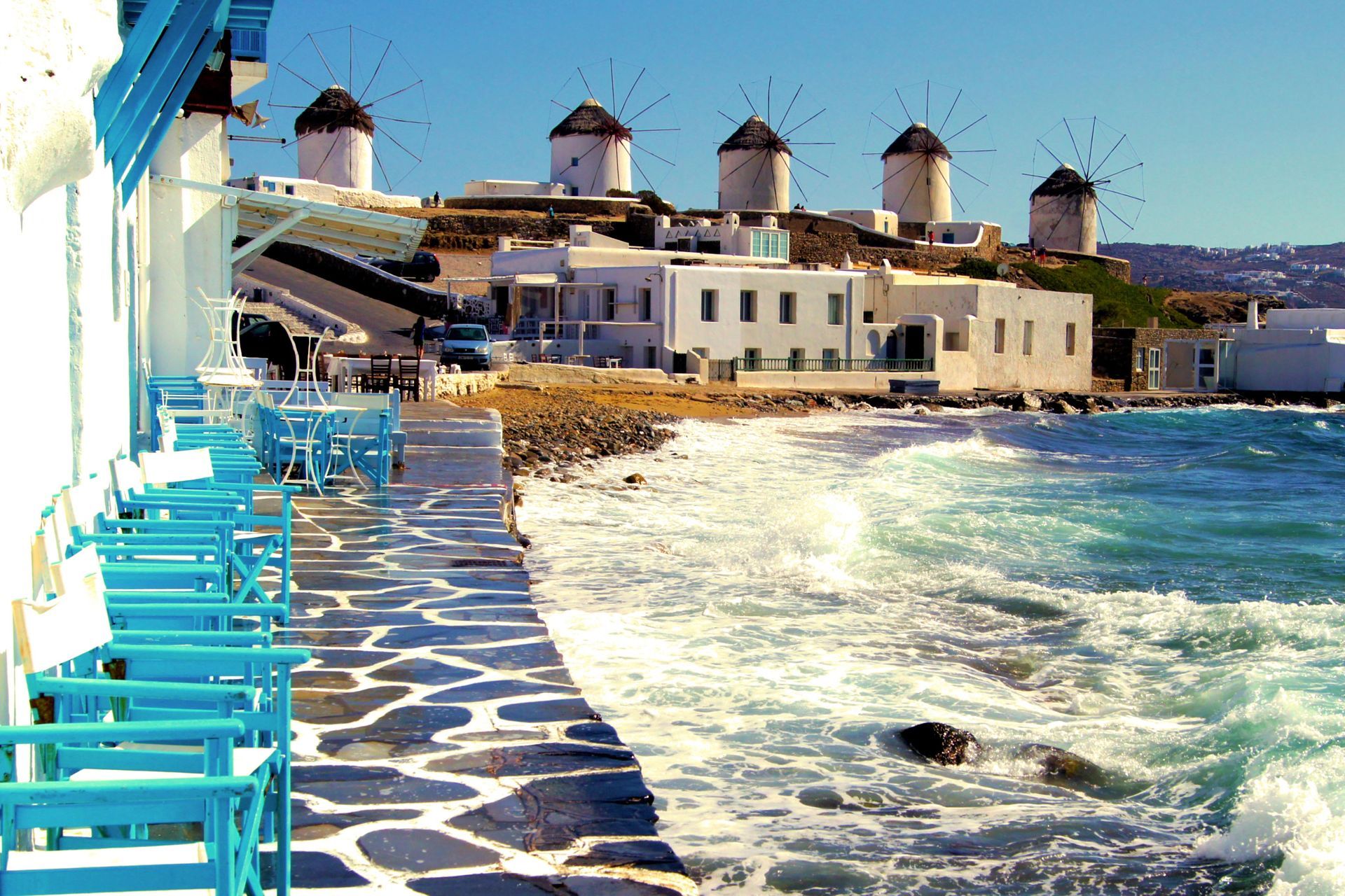 Panoramic view of windmills in the Old Town Chora of Mykonos, Greece.