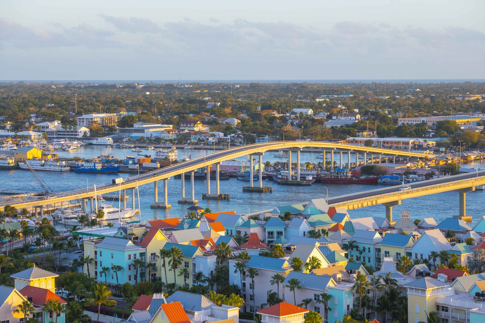 Aerial view of Downtown Nassau, a neighbourhood in the Bahamas.