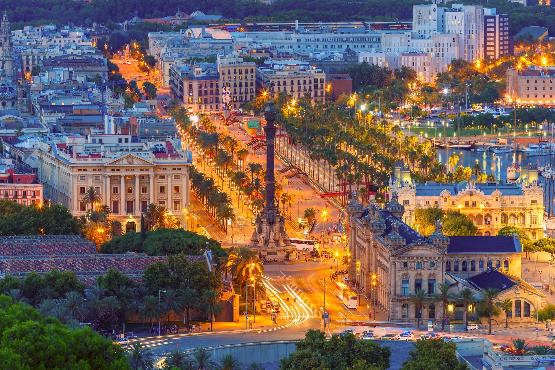 Dusk view of La Rambla, a street in Barcelona, Spain.