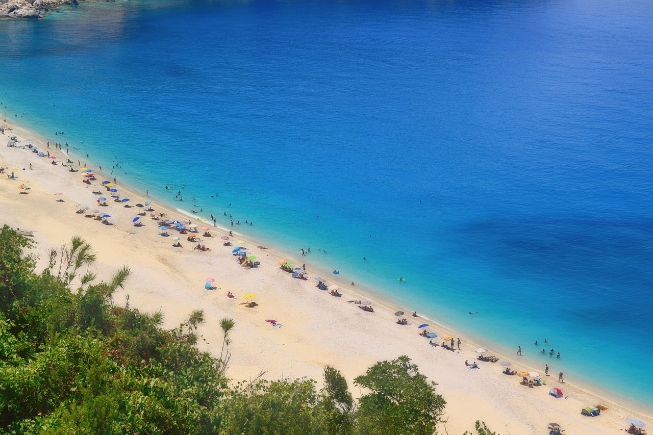 Aerial view of Myrtos Beach in Kefalonia, Italy.