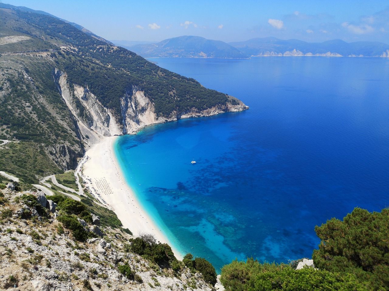 Aerial view of Myrtos Beach in Kefalonia, Italy.