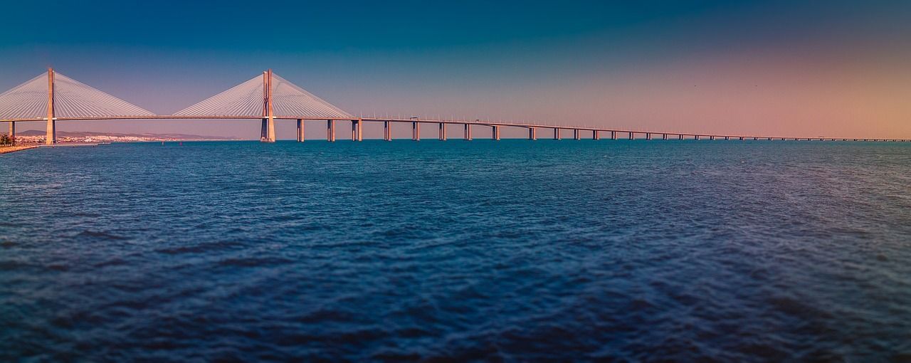 Panoramic view of Vasco da Gama Bridge, a cable-stayed bridge in Lisbon, Portugal.