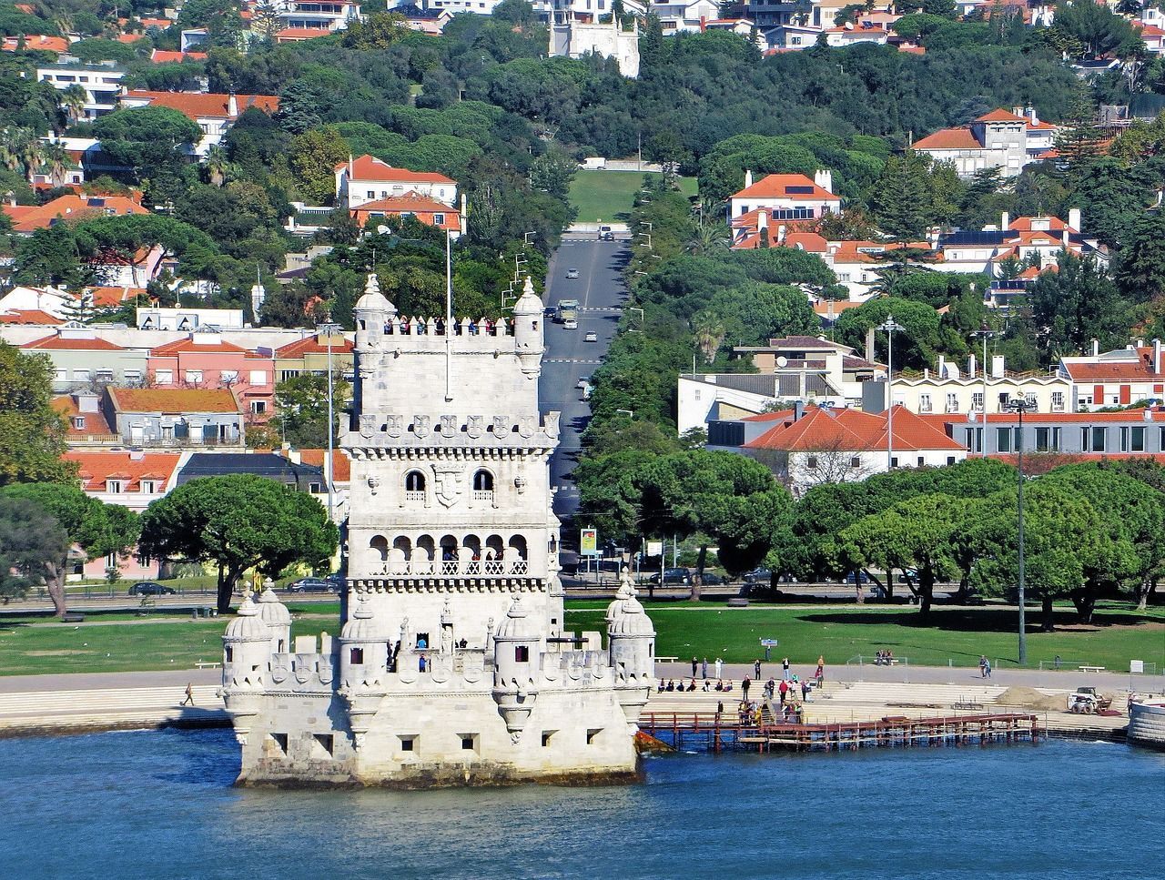 Panoramic view of Belém Tower, a fortification in Lisbon, Portugal.