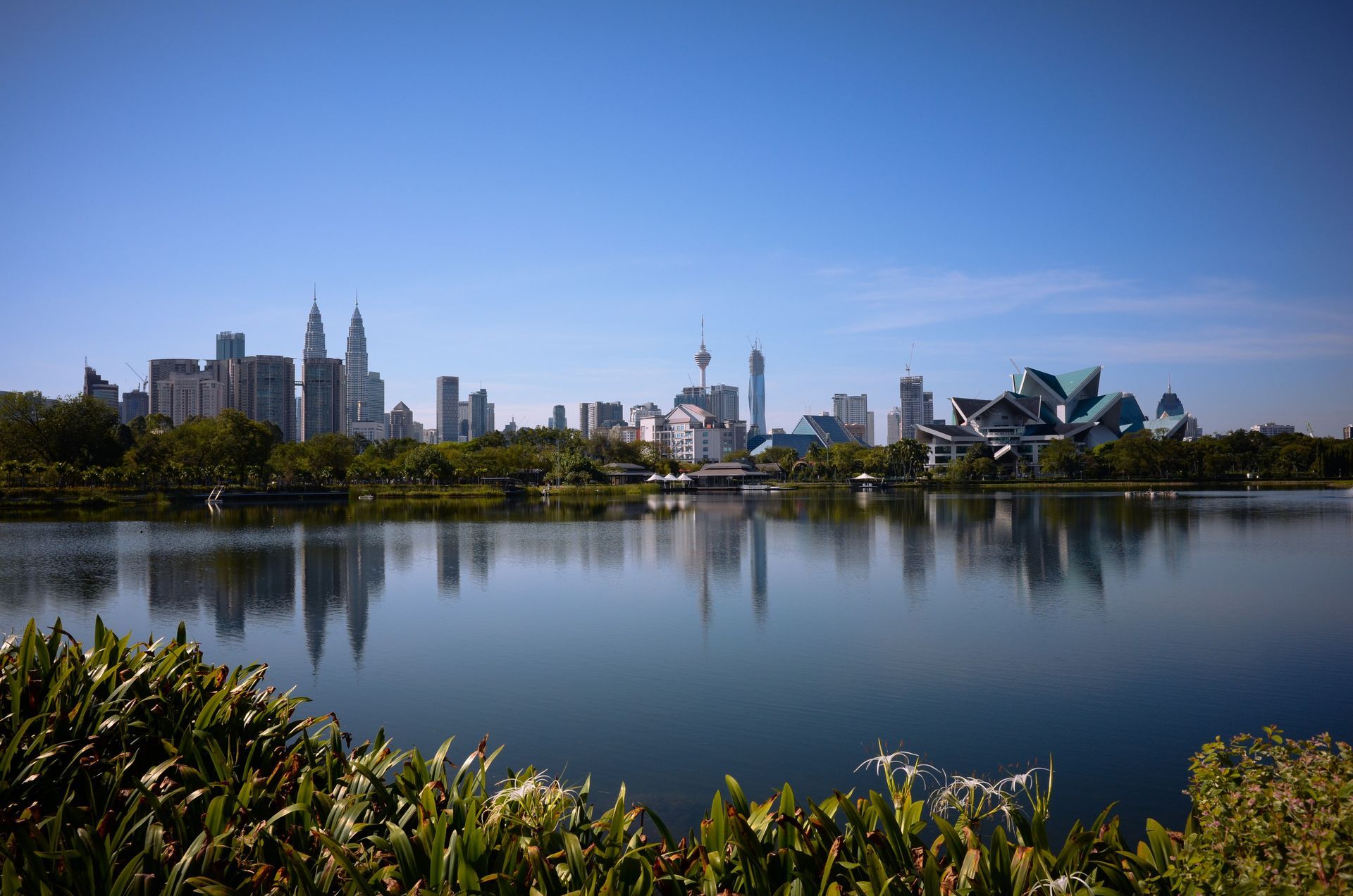 The view of Kuala Lumpur from Taman Tasik Titiwangsa, a park in Kuala Lumpur, Malaysia.