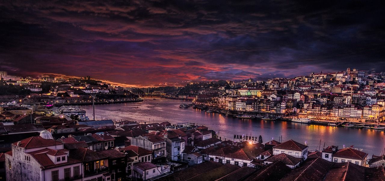 Night aerial view of Porto in Portugal.