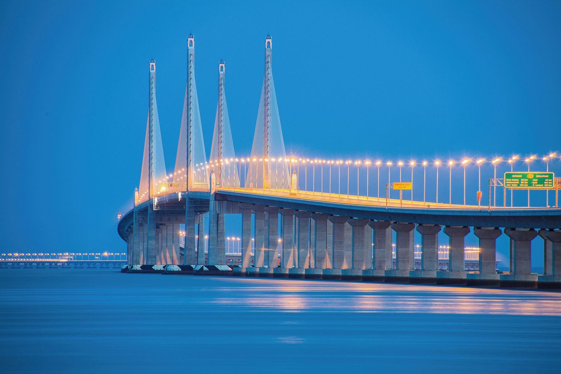 Dusk view of Penang Bridge in Malaysia.
