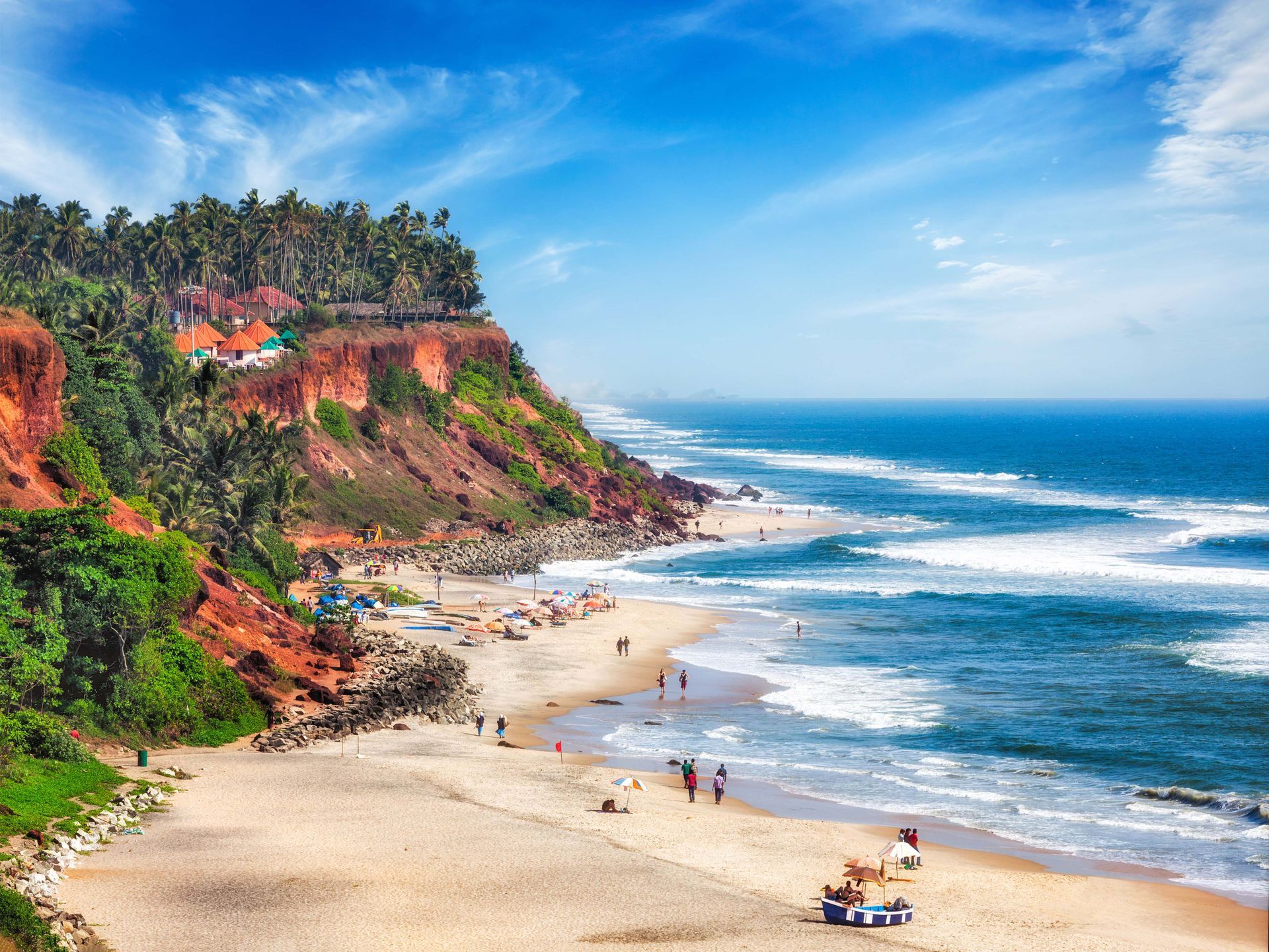 Aerial view of Varkala Beach in Trivandrum, Kerala, India.