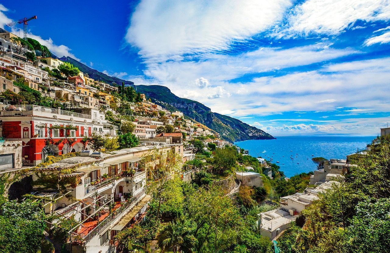 Panoramic view of Amalfi Coast, a tourist attraction in Italy.