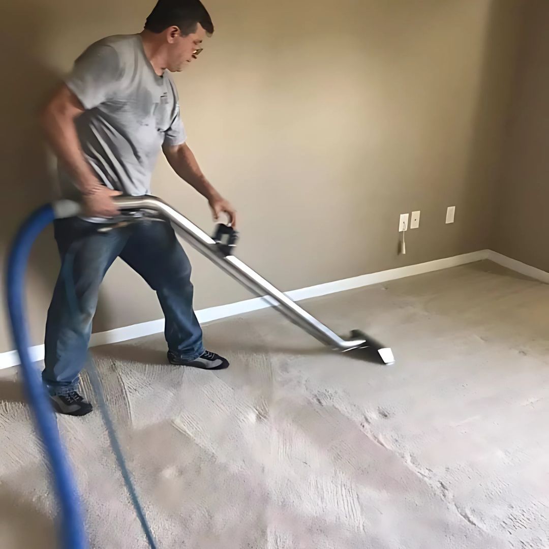 A man is using a vacuum cleaner to clean a carpet in a room.