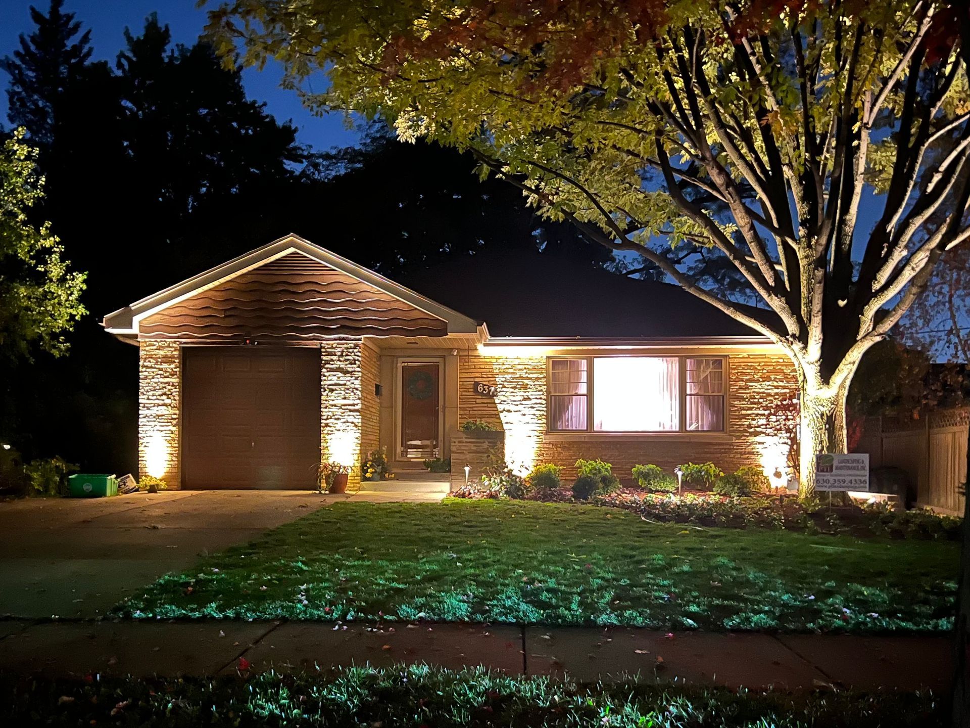 House illuminated at night with landscape lighting; garage, door, and large tree highlighted.