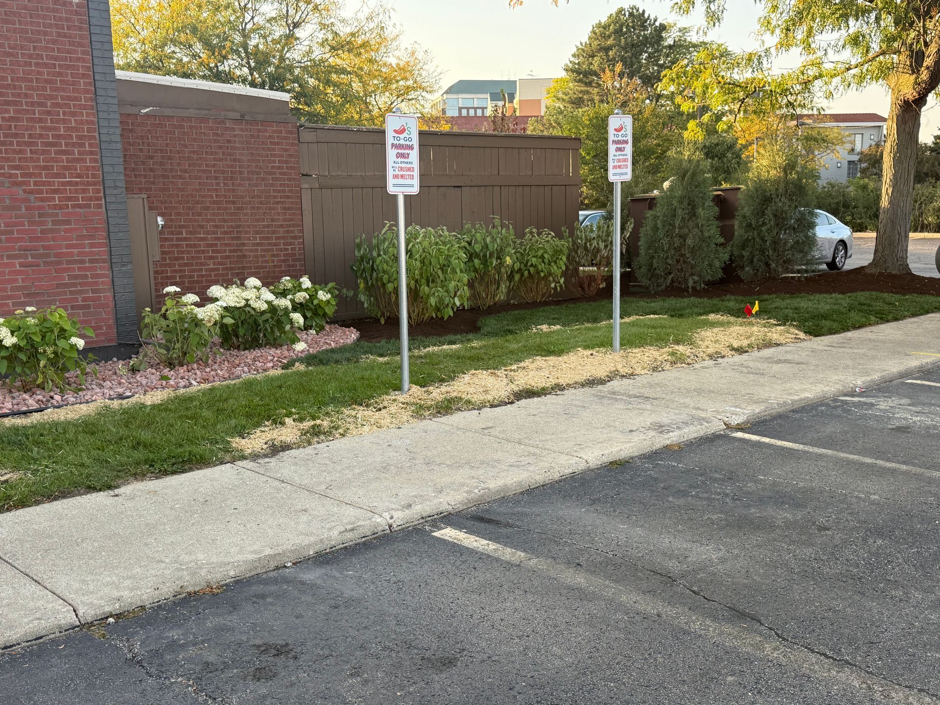 Two parking signs, greenery, and a brick wall.
