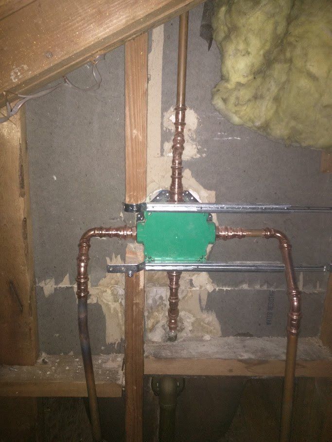 A green box is attached to a wall with copper pipes.